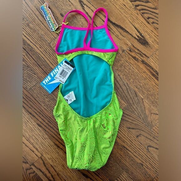 NWT New THE FINALS Athletic Racing Swimsuit Neon Green Hot Pink Gold Metallic - Picture 5 of 5